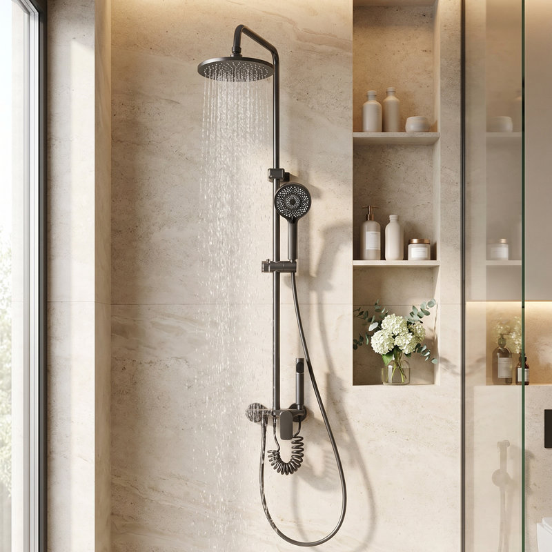 Wall-Mount Bathroom Piano-Key Panel Shower System Set, Black