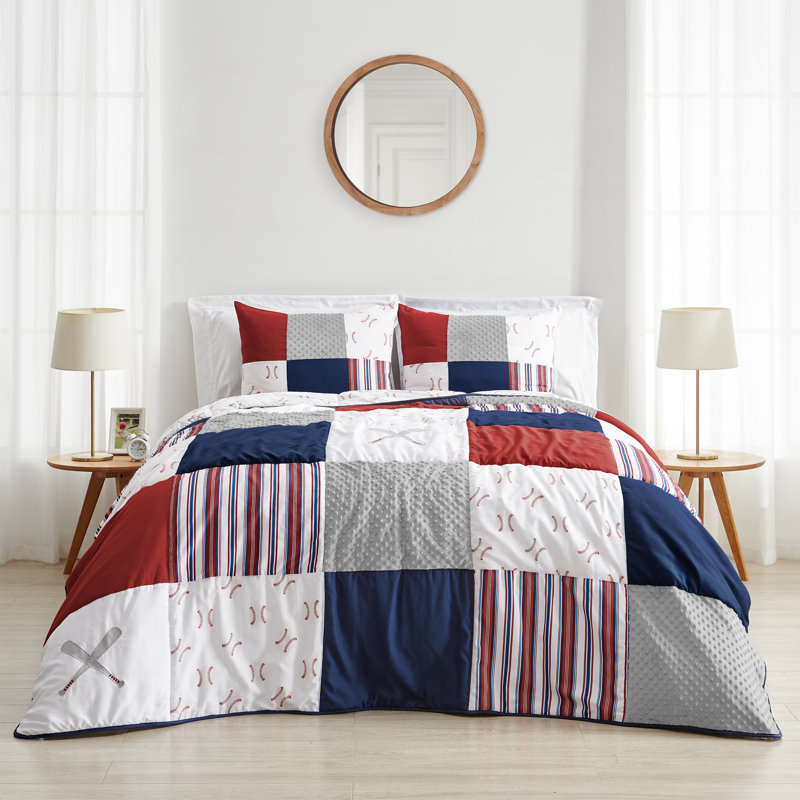 Baseball Patch Reversible Modern & Contemporary Comforter Set, Full/Queen Quilt + 2 Shams
