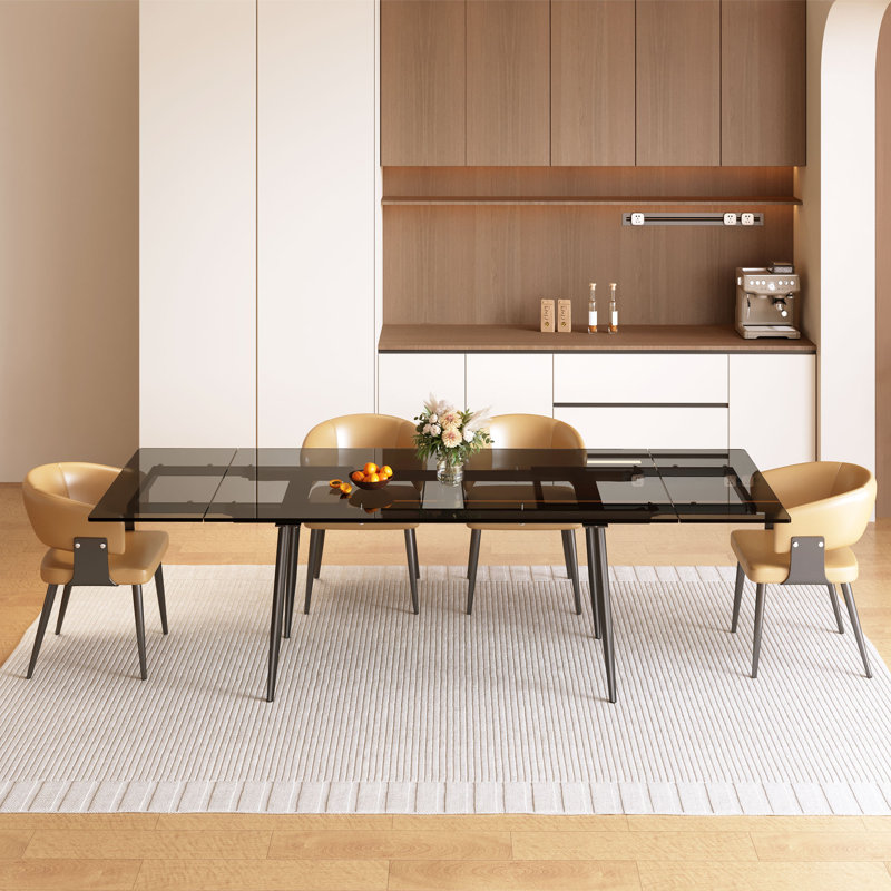 94.4 Inch Extendable Glass Dining Table Modern Rectangular Kitchen Furniture with Black Metal Legs for 8 People Black