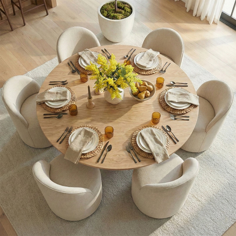 Ensemble de table de salle à manger pour 6 personnes avec table ronde et 6 chaises rembourrées en tissu, Naturel, Beige