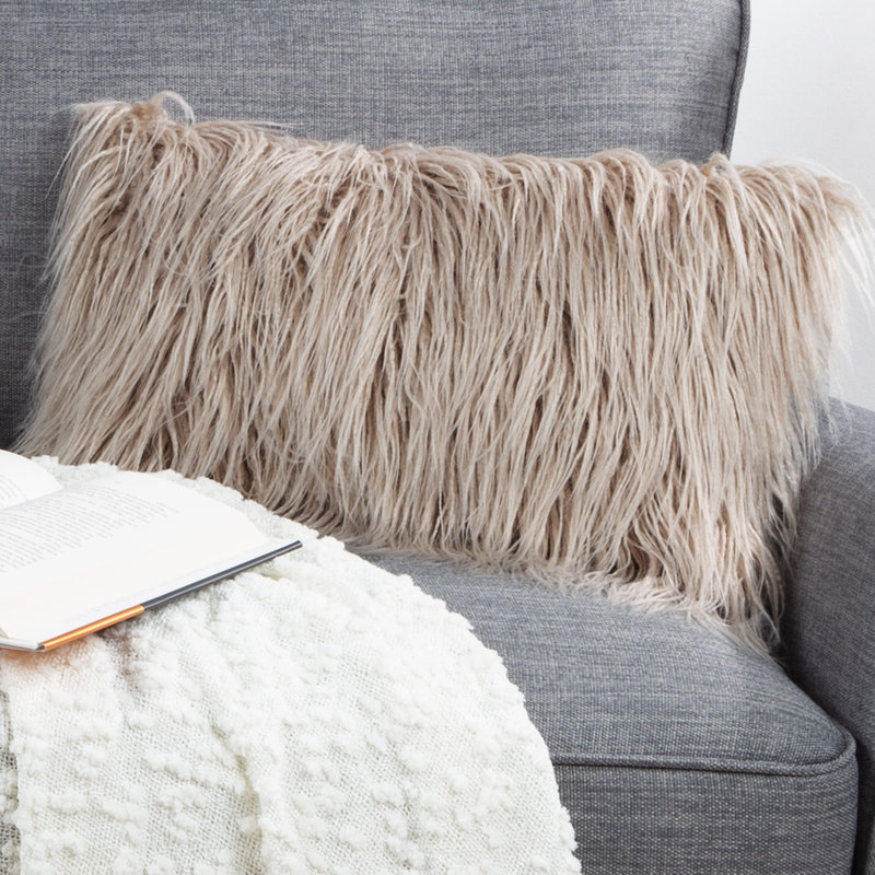 BUND163 12x20 Plush Lumbar Faux Fur Pillows – 2-Pack Decorative Pillow Insert and Shag Cover Set for Bedroom, Living Room, or Office