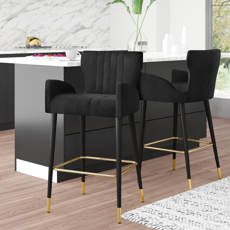 Briannan Upholstered Counter Stool with Solid Wood Frame, Living Black Velvet