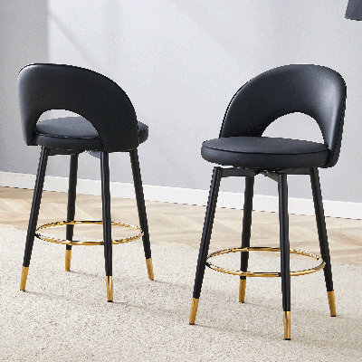 Chaise de bar rotative à 360 °. Chaise de bar rembourrée en polyuréthane épaisse et confortable avec pieds en métal noir lisse et magnifique pour la salle à manger, la cuisine, la terrasse. Ensemble de 2