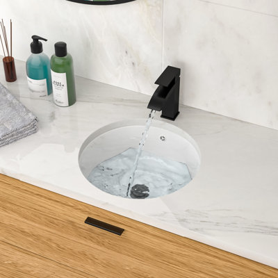 Lavabo rond en céramique à encastrer sous plan de 39,6 x 39,6 cm (15,61 po x 15,61 po) pour salle de bain, aspect élégant, antitaches, nettoyage facile, blanc, design moderne et élégant, avec trop-plein