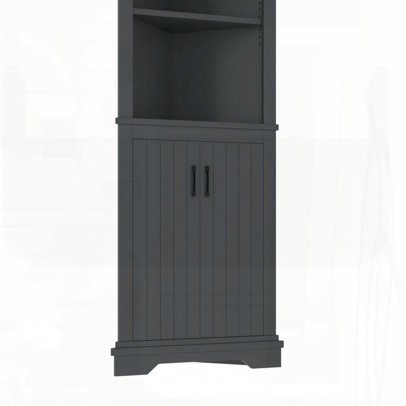 Grande armoire d'angle avec tablettes ouvertes et porte de rangement