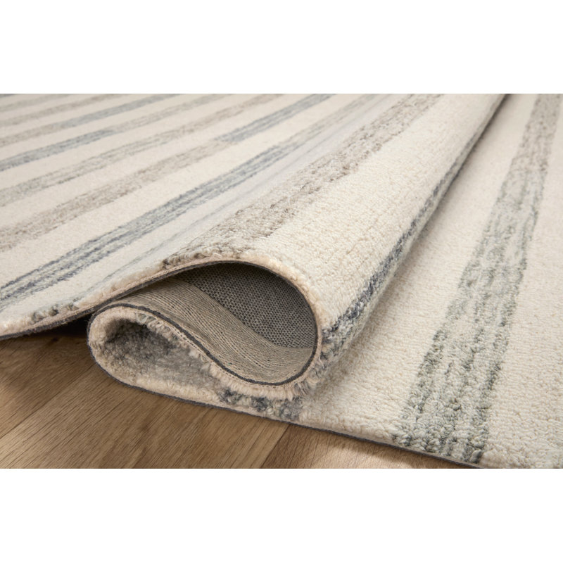 Ivory and Slate Tufted Wool Striped Area Rug