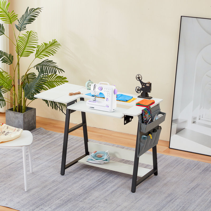 Folding Sewing Craft Table with Storage Bins & Shelves