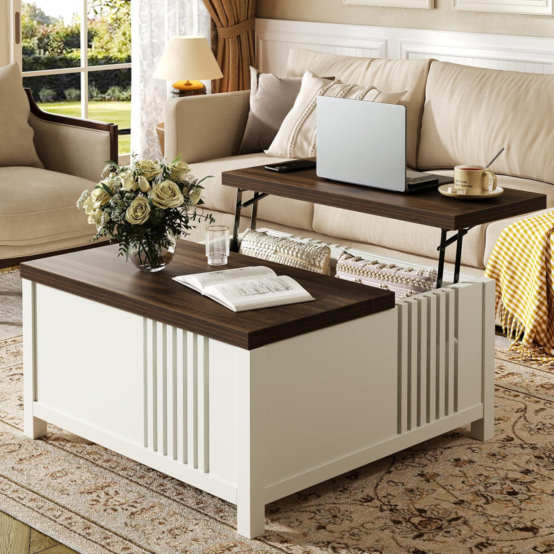 Table basse à plateau relevable avec rangement, grande table centrale carrée en bois de 35 po avec compartiment caché, blanc rustique
