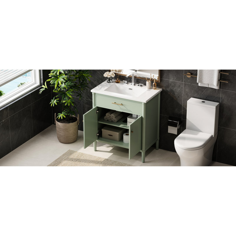 Meuble-lavabo de 31 po avec lavabo, conception à profil incurvé, portes à fermeture douce, tablette réglable, pieds en bois d'hévéa, espace, faux tiroir, poignées en or mat, idéal pour les petites et moyennes salles de bain