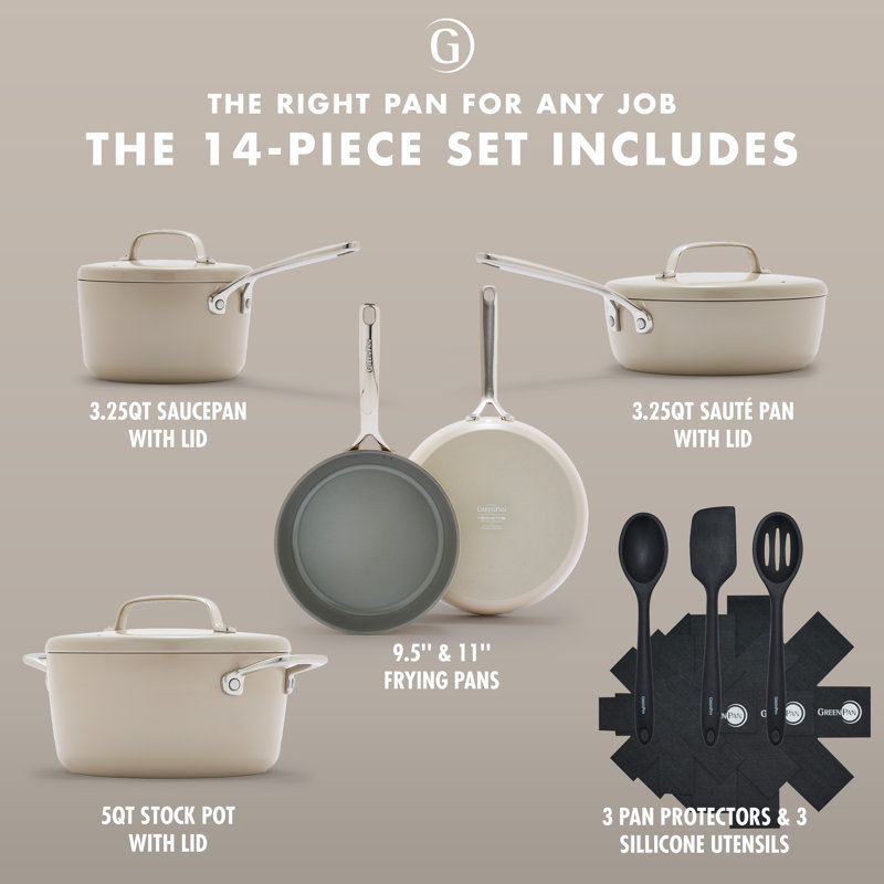 Taupe Ceramic Nonstick 14-Piece Cookware Set with Stainless Steel Handles