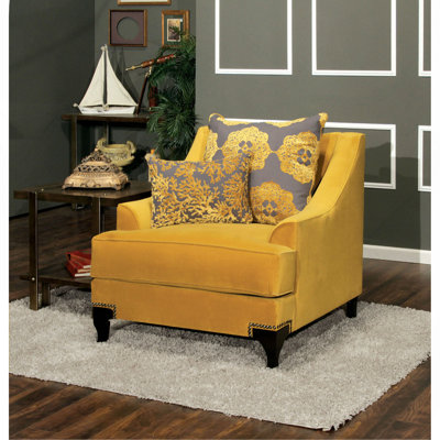 Chair Low Arms T-Cushion Seating Nailhead Trim On Front Legs Gold And Gray Finish Accent Pillows Included
