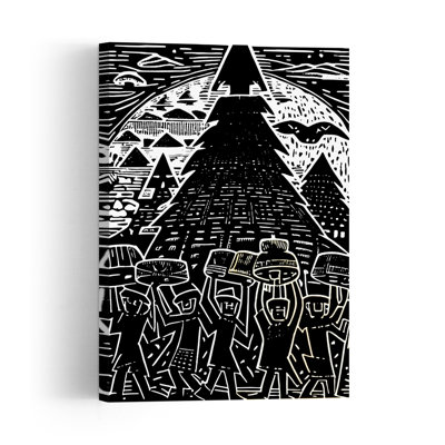 Illustration murale abstraite et contemporaine représentant des figures émergeant d'une forêt de pins.