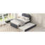 Lit simple gris avec plateforme rembourrée et lit gigogne portatif, sans sommier, pratique pour les invités-627436581-627436580