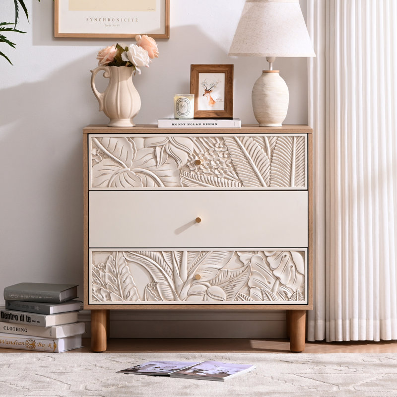 Boho 3-Drawer Dresser with Carved Botanical Drawer Fronts, Natural Wood Finish and White Panels