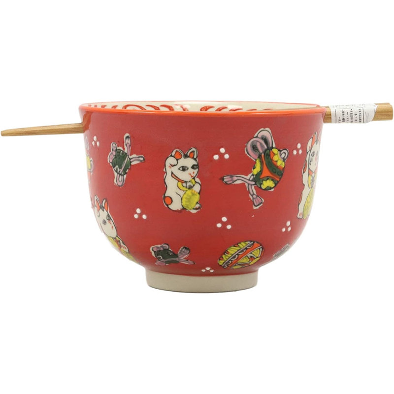Ensemble de bol décoratif en porcelaine colorée avec des baguettes en bambou Maneki Neko Trinx