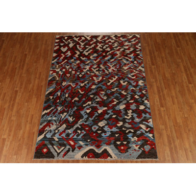 Tapis unique en laine noué à la main 6 pi 9 po x 9 pi 5 po nouvel âge Gabbeh en rouge / bleu / brun
