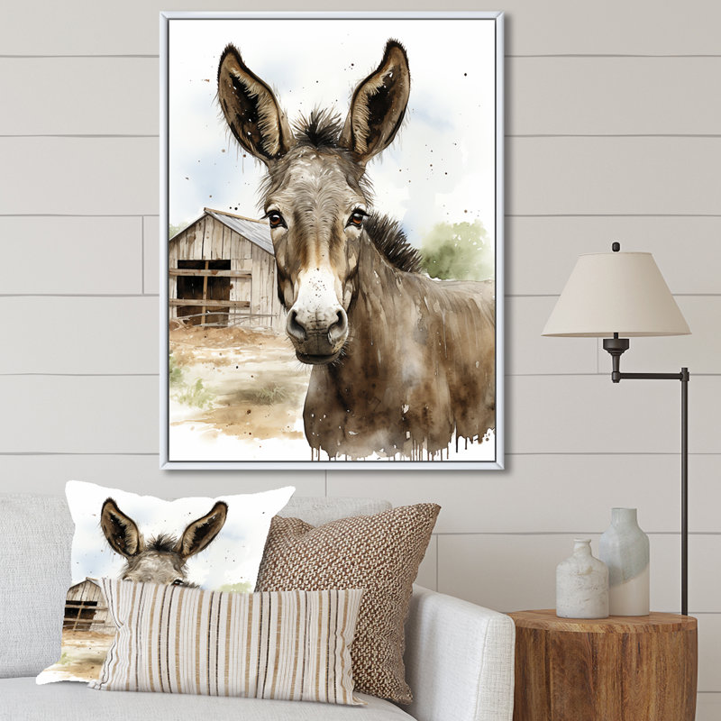 «Donkey Portrait Country Charm II» - art mural âne, Cadre flottant blanc, H 32 po x l 24 po