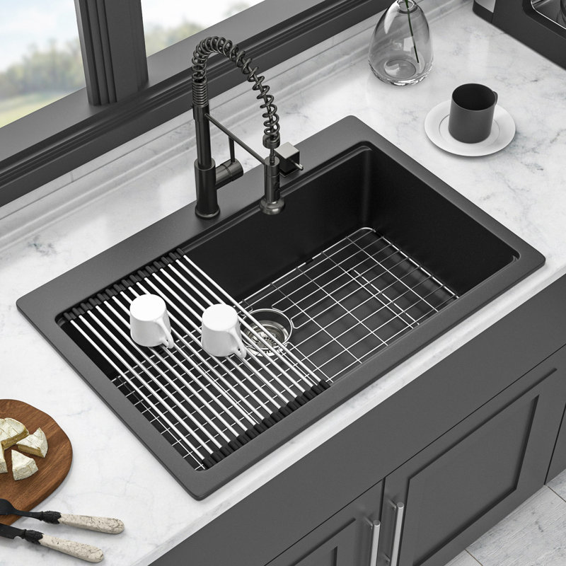 Évier de cuisine en quartz, évier de cuisine encastré en granite, Noir