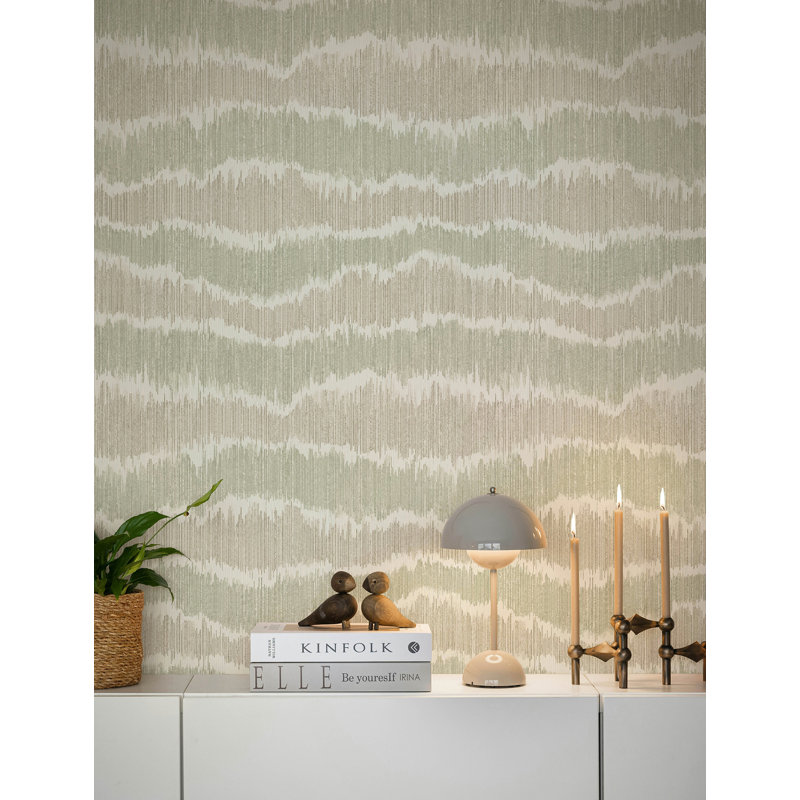 Papier peint à rayures ikat vert Wiggle, Natural/Green
