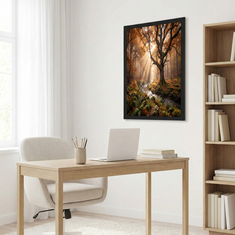 Toile dorée à travers un arbre antique sur un ruisseau moussu, art mural, H 36 po x l 48 po