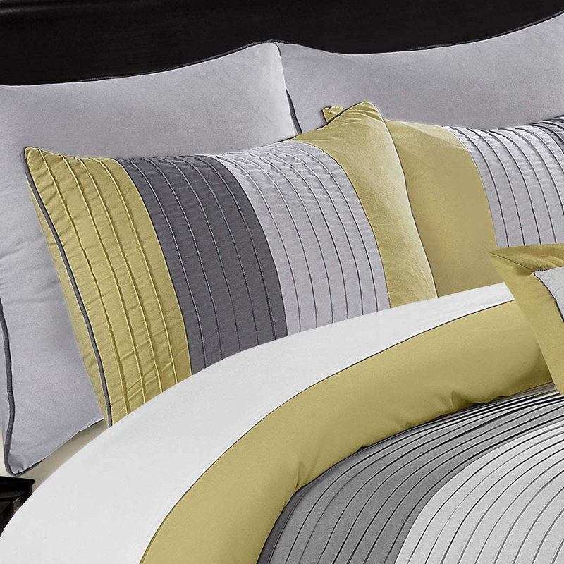 Loft 8-Piece Pleated Stripe Microfiber Comforter Set, Full Comforter + 2 Standard Shams, Gray
