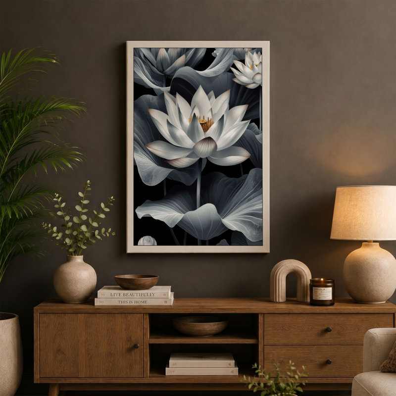 Moonlit Lotus Bloom Botanical - Wrapped Canvas, 24x16 - 61.0 x 40.6 cm, Terracotta Border
