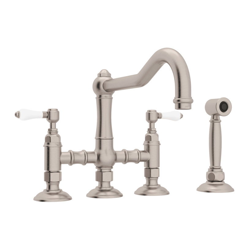 Acqui Bridge Kitchen Faucet With Side Spray, Satin Nickel, Porcelain Lever Handle