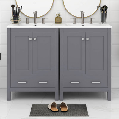 Meuble-lavabo 48 po avec lavabo, meuble-lavabo moderne avec portes et tiroir à fermeture en douceur, armoire de rangement avec lavabo encastré en céramique