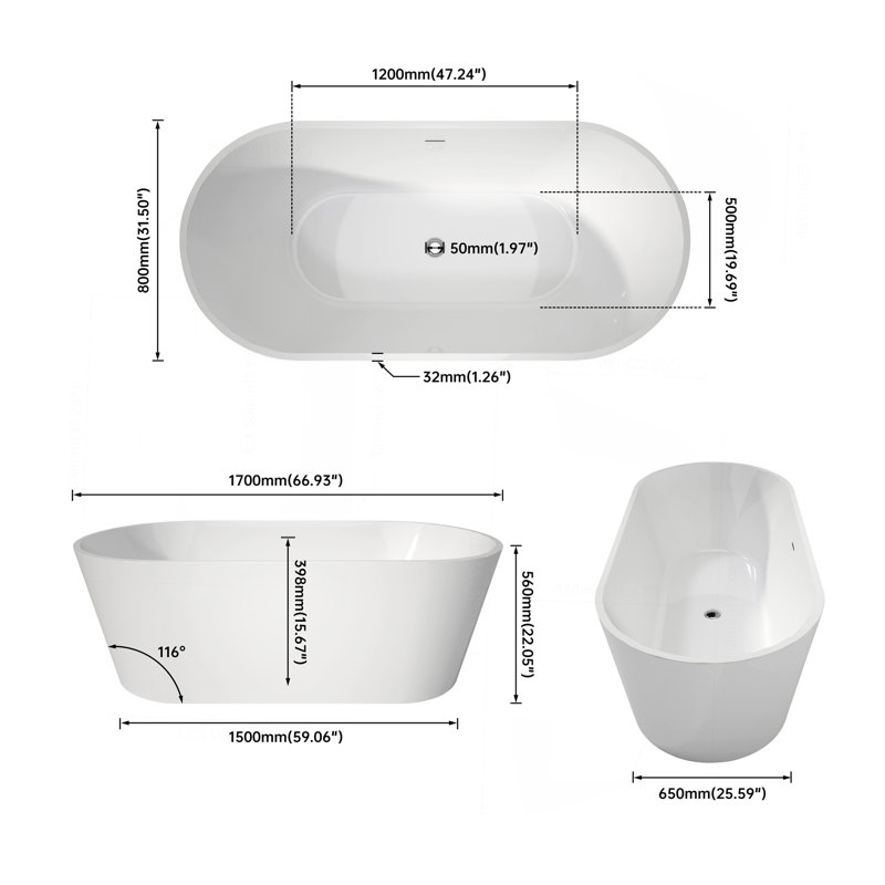 67" Upgrade Acrylic Free Standing Soaker Bath-Tubs Stand Alone Tubs In White