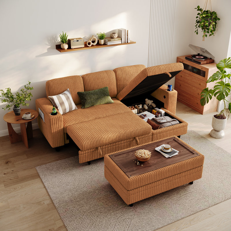 Sherry L Shaped Corduroy Sleeper Sectional With Storage Chaise , Ottoman And USB Charging, Soren Brown Corduroy