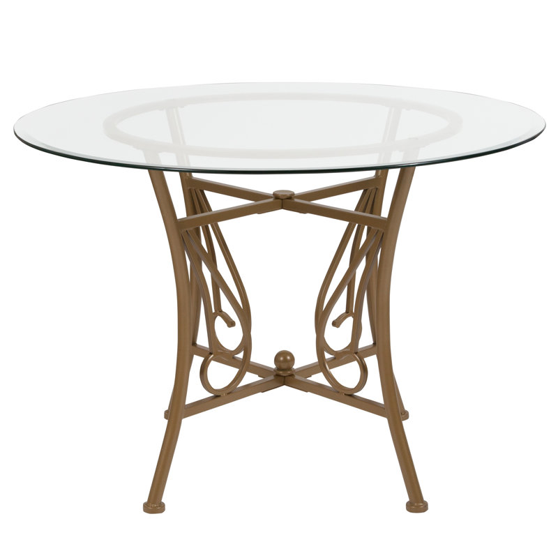 Corkey North 42'' Round Glass Dining Table with Curl Accent Matte Metal Frame, 29" H x 42" L x 42" W, Gold/Clear