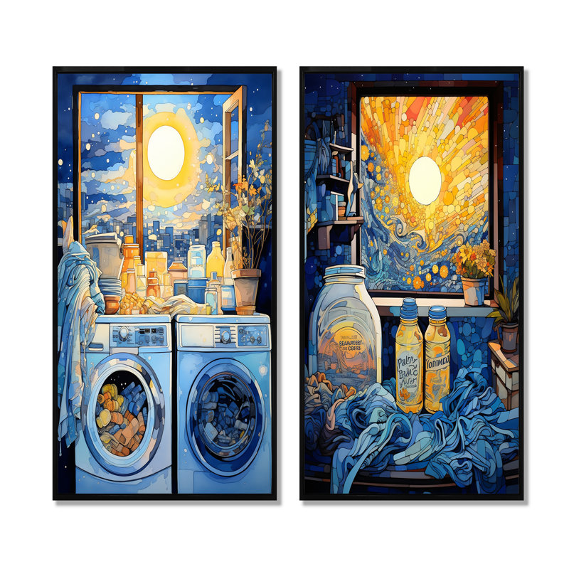 Ensemble de 2 décorations murales bleues et jaunes, Cadre flottant noir, H 28 po x l 25 po