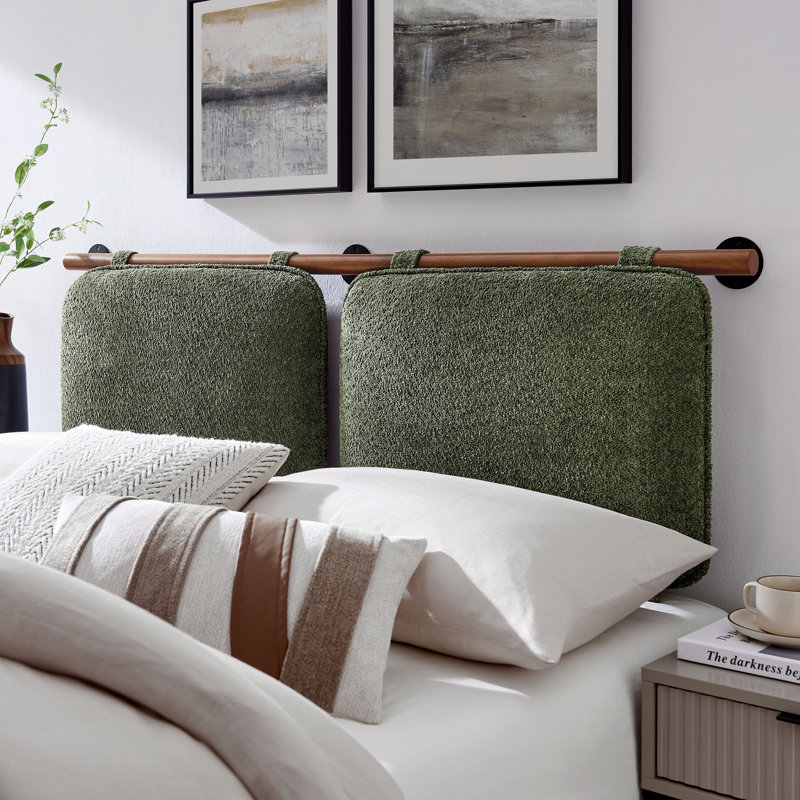 Sage Green Chenille Upholstered Floating Full Headboard with Walnut Bar