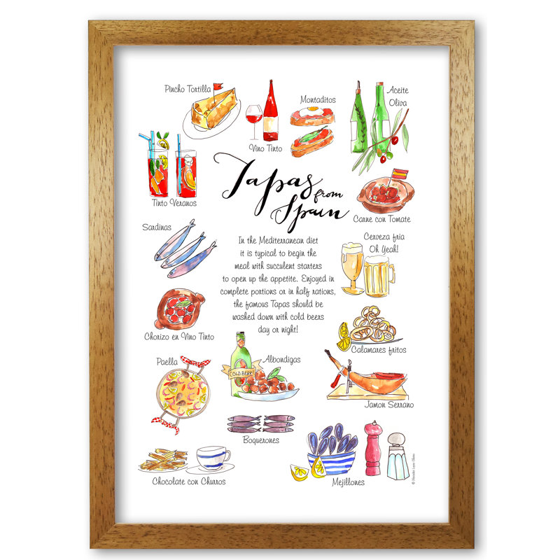 Spanish Tapas Ingredients - Print, Honey Oak, 29.7 cm H x 21 cm W x 5 cm D