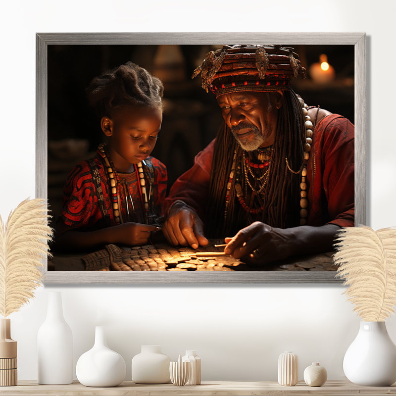 Sagesse africaine ancienne sur toile, H 12 po x l 20 po x P 1 po, Cadre flottant doré