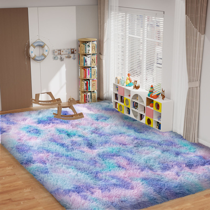 Shag Area Rugs for Living Room, 6x9 ft Soft Fluffy Rugs for Bedroom, Nursery, Kids Room Home Decor, Tie-Dyed Blue Rainbow
