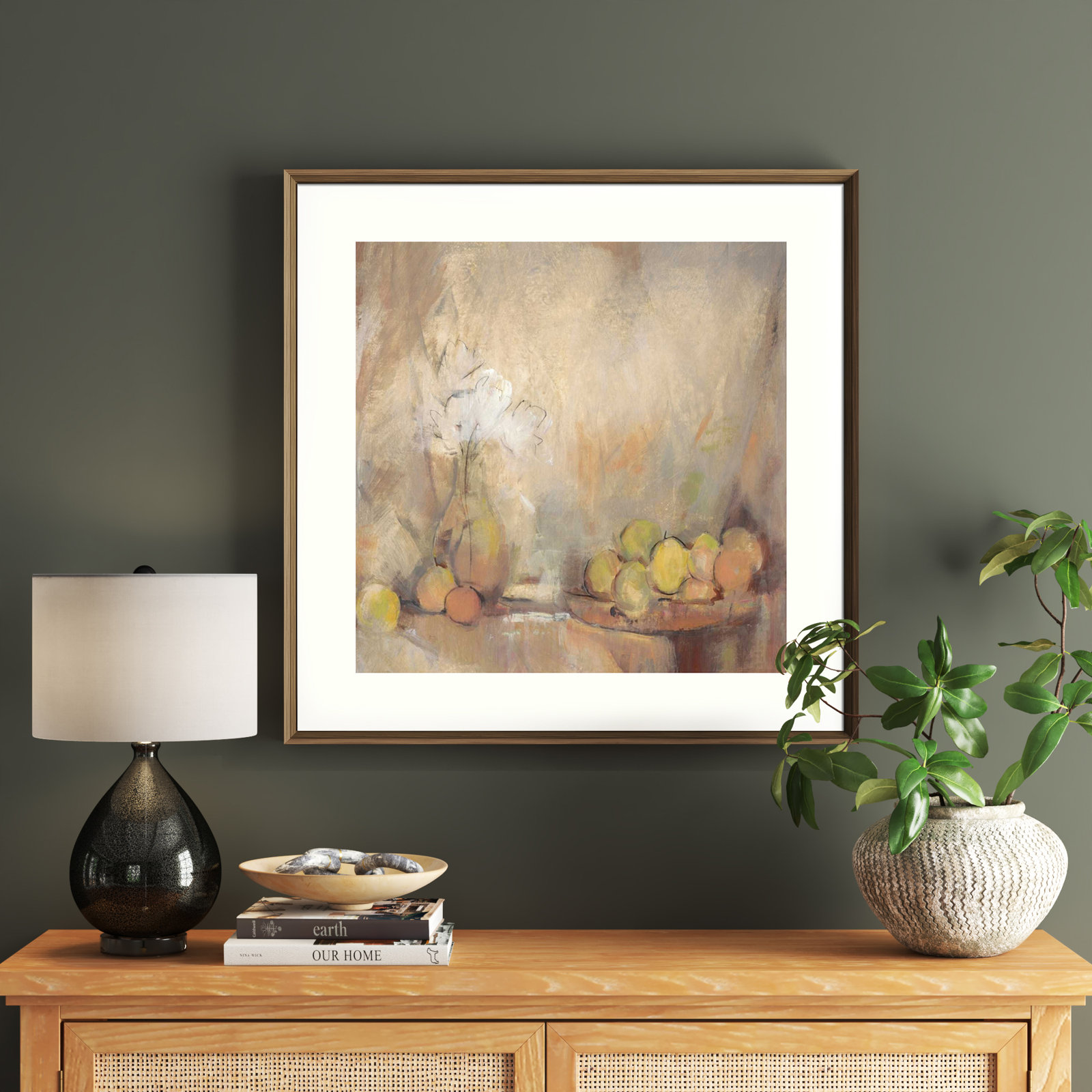 Still Life with Fruit in Study Painting, 19" H x 19" W, Light Bronze Framed Paper Paper