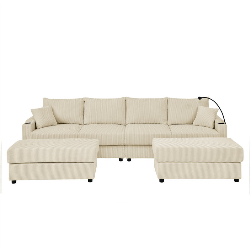 Chaise en velours côtelé en U beige avec rangement, 4 sièges, 2 repose-pieds, siège profond, porte-gobelets et support pour intérieur