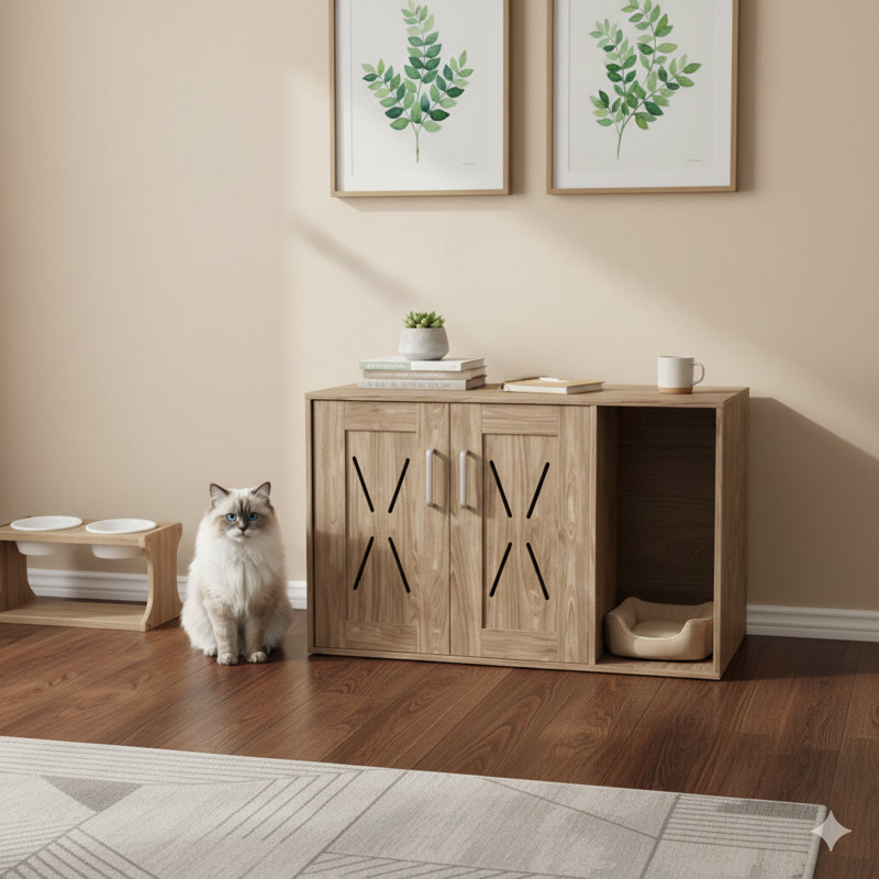 Table d'appoint pour salle de bain Cat servant de bac à litière, dimensions 31,5 po x 19 po x 20 po, avec plateau à gratter intégré