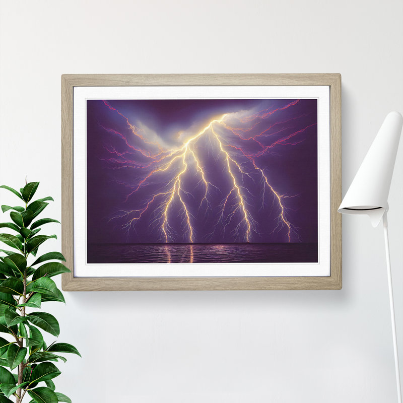 XH1022-7103X Powerful Lightning Storm 1 Piece Single Picture Frame Wall Art, 46cm H x 64cm W, Oak