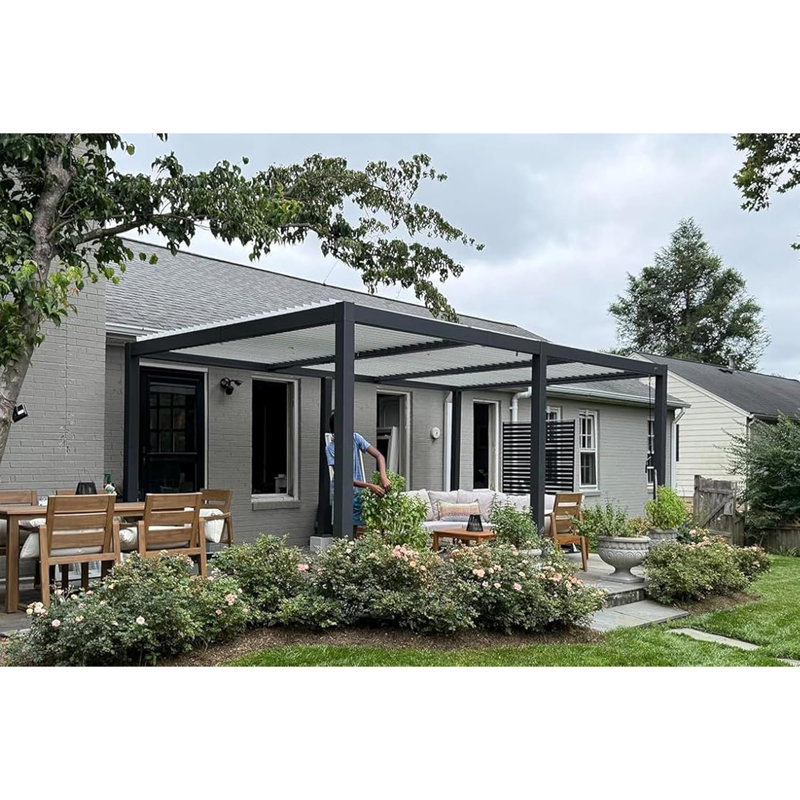 PURPLE LEAF Louvred Pergola 11' x 18' Outdoor Aluminum Pergola with White Adjustable Rainproof Roof Grey Frame Hardtop Gazebo for Patio Deck Garden