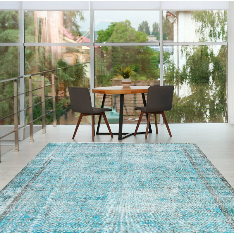 Tapis turquoise en laine noué à la main de conception unique 2000S 5 pi 5 po x 8 pi 9 po Olivers