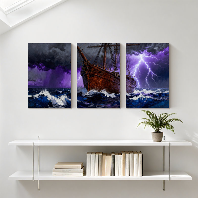 «Nautical Stormy Sea Ship Lightning Purple Sky Waves», ensemble de 3 impressions sur toile, H 18 po x l 36 po