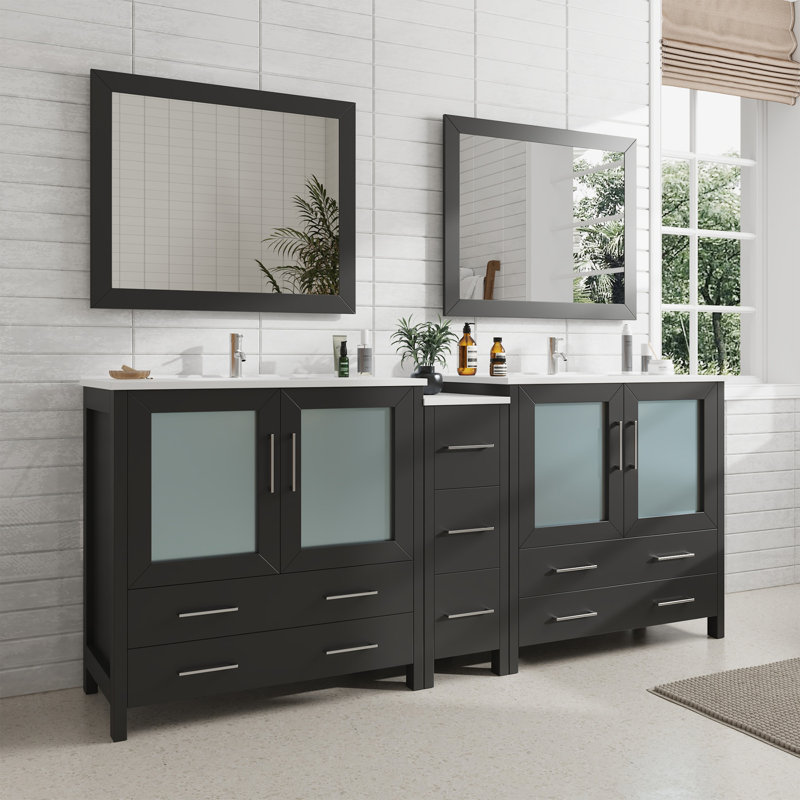 Brescia 84" Double Sink Freestanding Bathroom Vanity with Ceramic Top and Matching Mirrors, Espresso