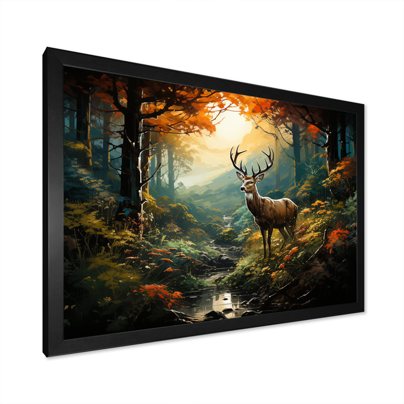 Vert et brun, cerf dans la forêt, impression d'art animalier mural, Cadre d'angle fermé noir, H 16 po x l 32 po x P 1 po