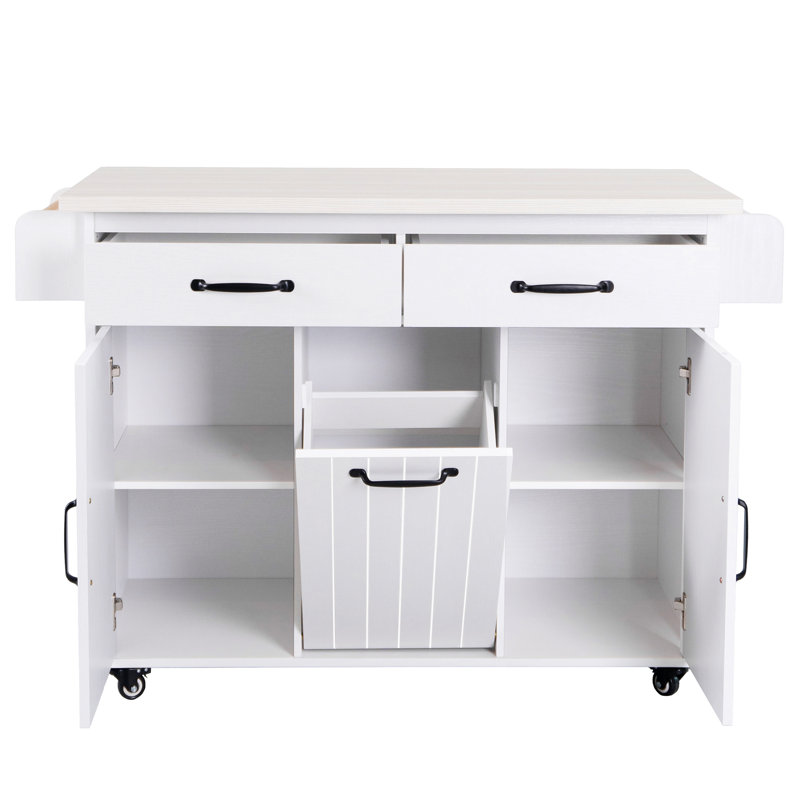 Kitchen Island With Trash Can Storage Cabinet, Kitchen Cart With Drop Leaf, Spice Rack, Towel Rack And Drawer, Rolling Kitchen Island On Wheels With Adjustable Shelf, White