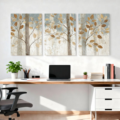 Feuilles d'or, motif d'arbre sur toile tendue sur toile, ensemble de 3 reproductions de peinture à l'huile pour salon