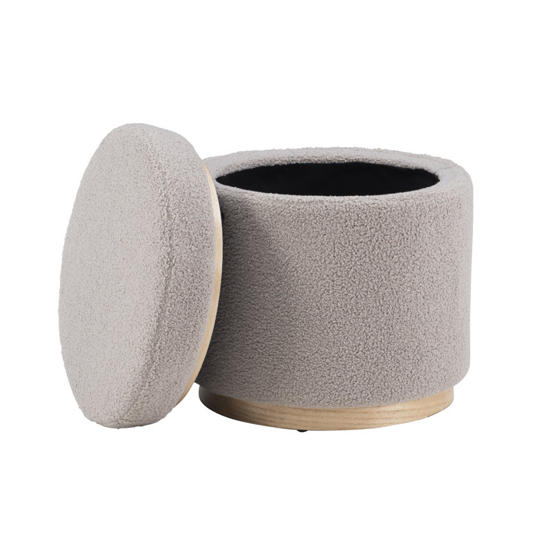 Thurleigh Round Sherpa Ottoman with Storage, Gray Sherpa Fabric