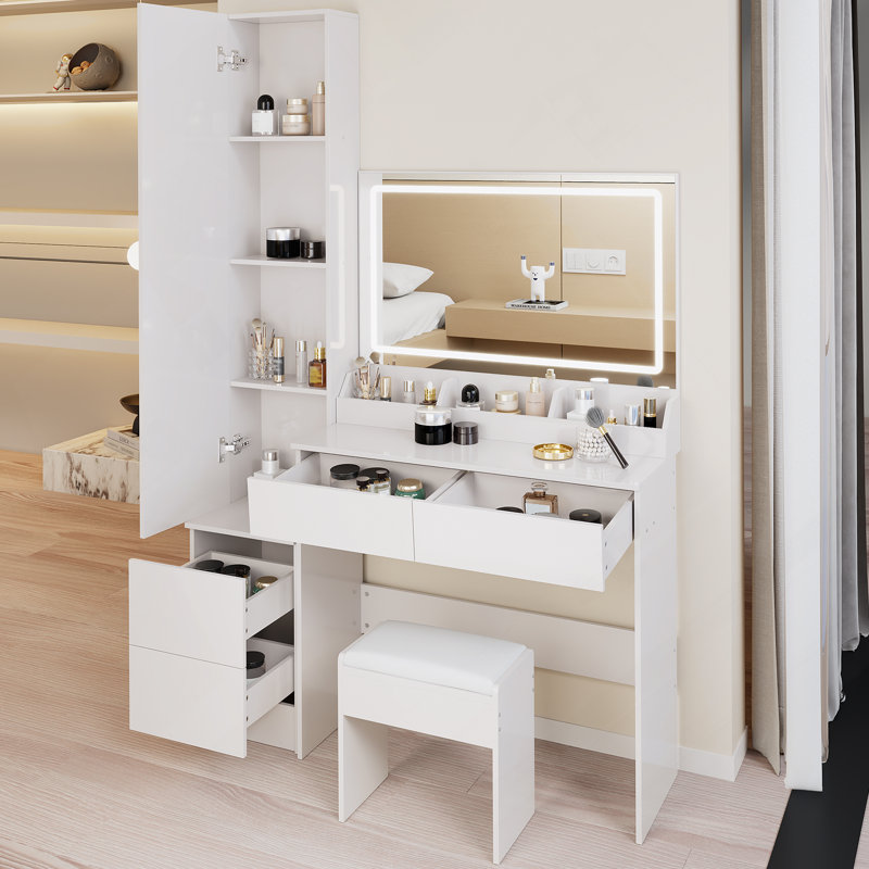 Table de coiffeuse avec armoire à miroir à DEL et tabouret rembourré