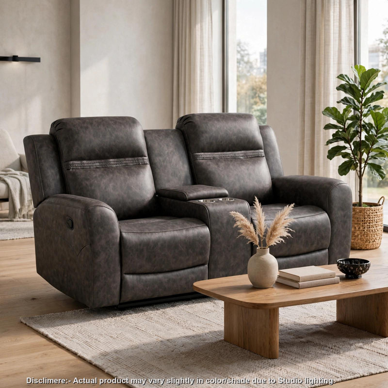 Canapé inclinable à deux places Berty, console et porte-gobelets, tissu gris, Microfibre / microsuède gris anthracite